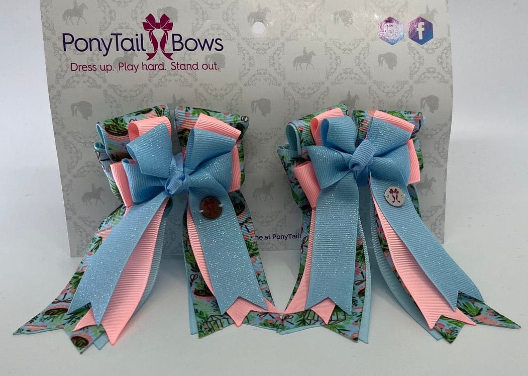 PonyTail Bows 3" Tails Garden Party- Blue Glitter PonyTail Bows equestrian team apparel online tack store mobile tack store custom farm apparel custom show stable clothing equestrian lifestyle horse show clothing riding clothes PonyTail Bows | Equestrian Hair Accessories horses equestrian tack store