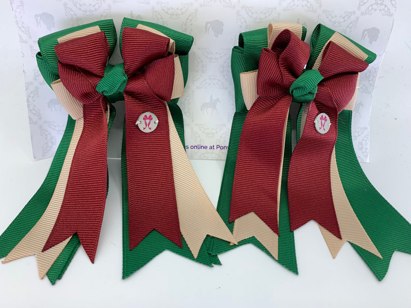 PonyTail Bows 3" Tails PonyTail Bows- Hunter Green/Khaki/Burgundy equestrian team apparel online tack store mobile tack store custom farm apparel custom show stable clothing equestrian lifestyle horse show clothing riding clothes PonyTail Bows | Equestrian Hair Accessories horses equestrian tack store