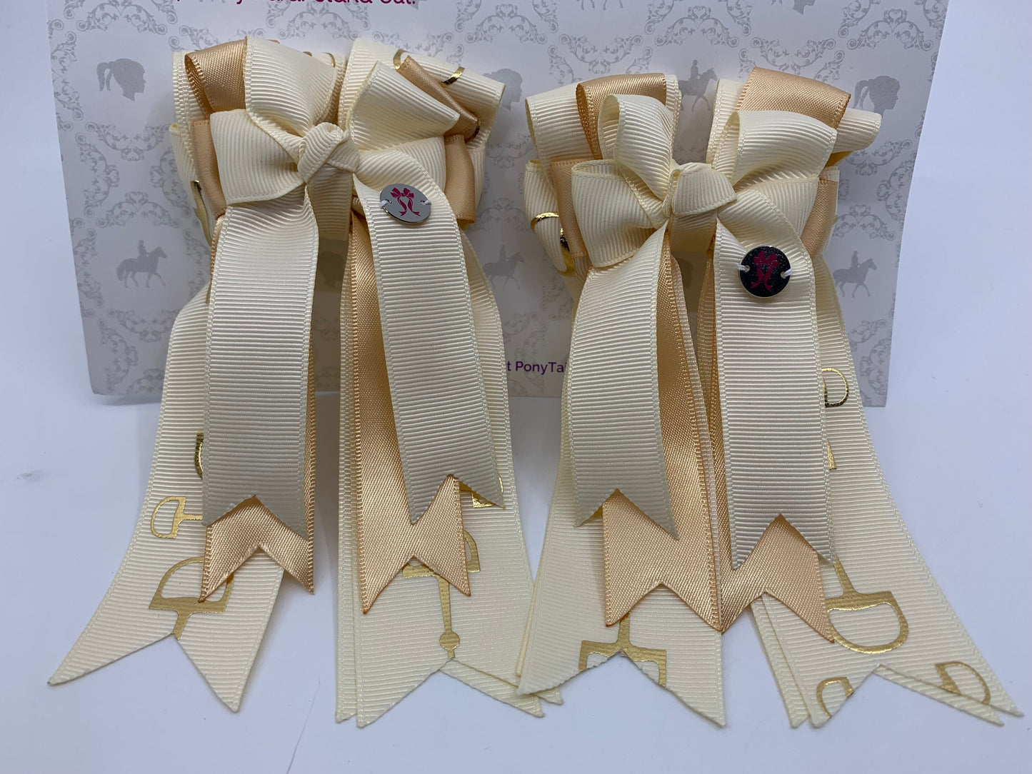 PonyTail Bows 3" Tails PonyTail Bows- Cream/Gold Bits equestrian team apparel online tack store mobile tack store custom farm apparel custom show stable clothing equestrian lifestyle horse show clothing riding clothes PonyTail Bows | Equestrian Hair Accessories horses equestrian tack store
