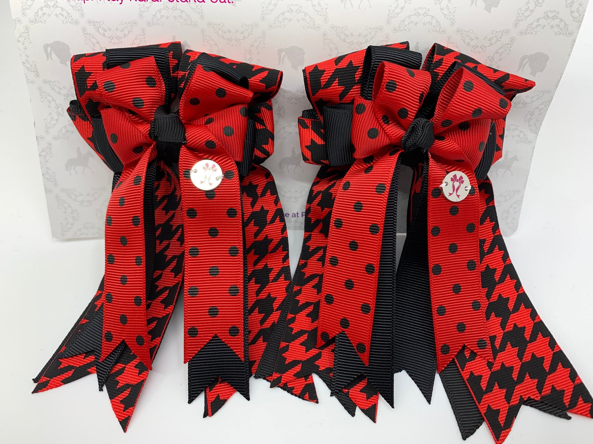 PonyTail Bows 3" Tails PonyTail Bows- Black and Red Houndstooth equestrian team apparel online tack store mobile tack store custom farm apparel custom show stable clothing equestrian lifestyle horse show clothing riding clothes PonyTail Bows | Equestrian Hair Accessories horses equestrian tack store