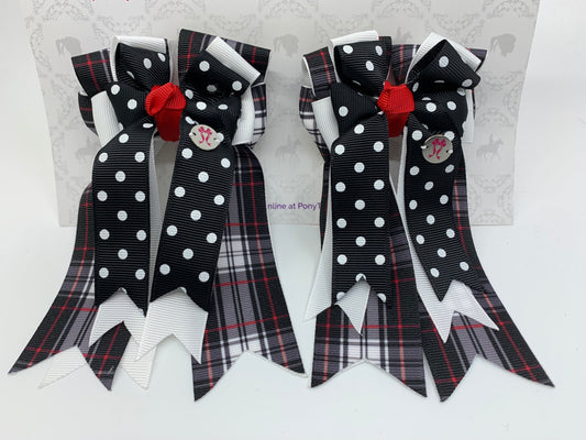 PonyTail Bows 3" Tails PonyTail Bows- Black & White Polka Dots/Plaid equestrian team apparel online tack store mobile tack store custom farm apparel custom show stable clothing equestrian lifestyle horse show clothing riding clothes PonyTail Bows | Equestrian Hair Accessories horses equestrian tack store