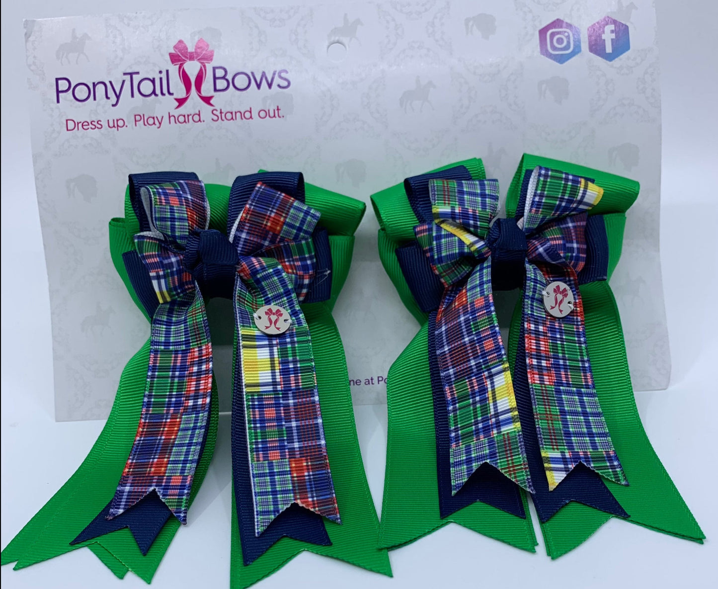 PonyTail Bows 3" Tails PonyTail Bows- Green/Navy/Plaid equestrian team apparel online tack store mobile tack store custom farm apparel custom show stable clothing equestrian lifestyle horse show clothing riding clothes PonyTail Bows | Equestrian Hair Accessories horses equestrian tack store