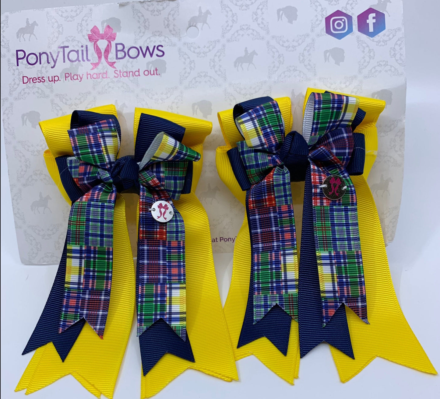 PonyTail Bows 3" Tails PonyTail Bows- Yellow/Navy/Plaid equestrian team apparel online tack store mobile tack store custom farm apparel custom show stable clothing equestrian lifestyle horse show clothing riding clothes PonyTail Bows | Equestrian Hair Accessories horses equestrian tack store