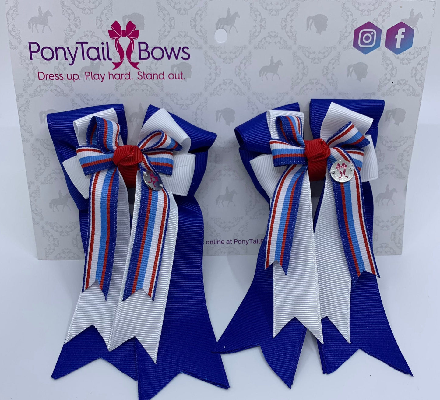 PonyTail Bows 3" Tails PonyTail Bows- Royal Blue/White/Stripe equestrian team apparel online tack store mobile tack store custom farm apparel custom show stable clothing equestrian lifestyle horse show clothing riding clothes PonyTail Bows | Equestrian Hair Accessories horses equestrian tack store