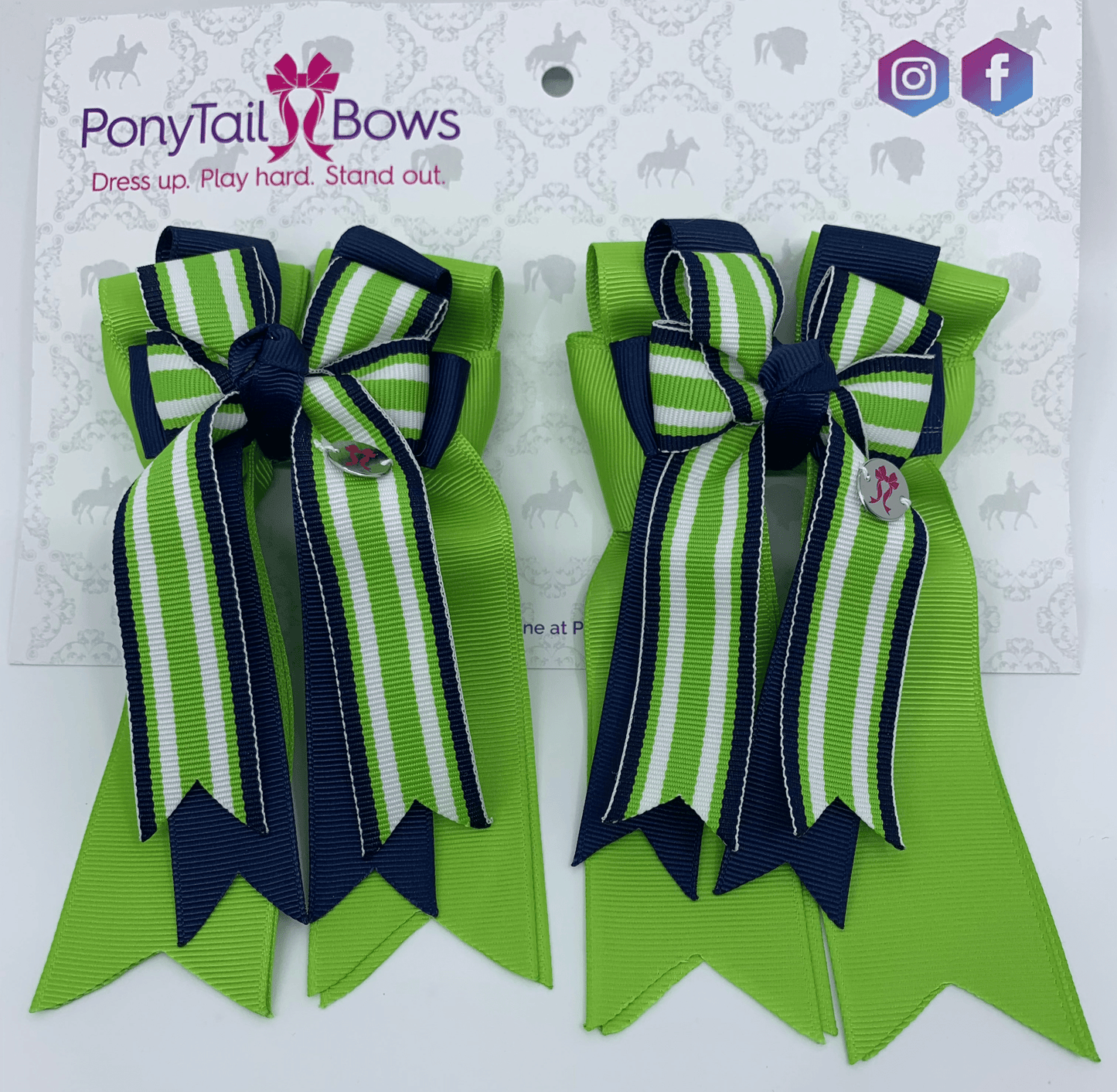 PonyTail Bows 3" Tails PonyTail Bows- Green Striped/Navy equestrian team apparel online tack store mobile tack store custom farm apparel custom show stable clothing equestrian lifestyle horse show clothing riding clothes PonyTail Bows | Equestrian Hair Accessories horses equestrian tack store