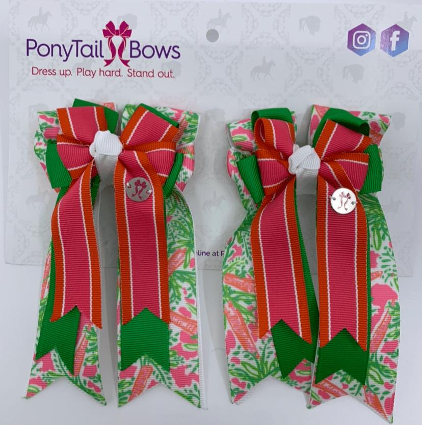 PonyTail Bows 3" Tails PonyTail Bows- Pink Green Design equestrian team apparel online tack store mobile tack store custom farm apparel custom show stable clothing equestrian lifestyle horse show clothing riding clothes PonyTail Bows | Equestrian Hair Accessories horses equestrian tack store