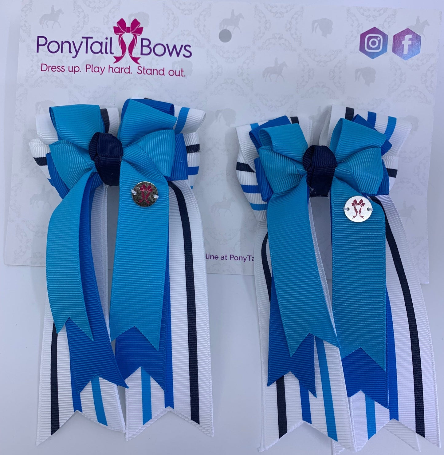 PonyTail Bows- Blue Tricolor Stripes