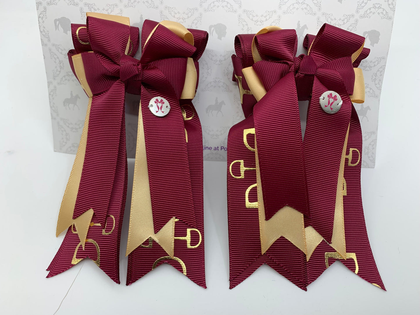 PonyTail Bows 3" Tails PonyTail Bows- Burgundy/Gold Bits equestrian team apparel online tack store mobile tack store custom farm apparel custom show stable clothing equestrian lifestyle horse show clothing riding clothes PonyTail Bows | Equestrian Hair Accessories horses equestrian tack store