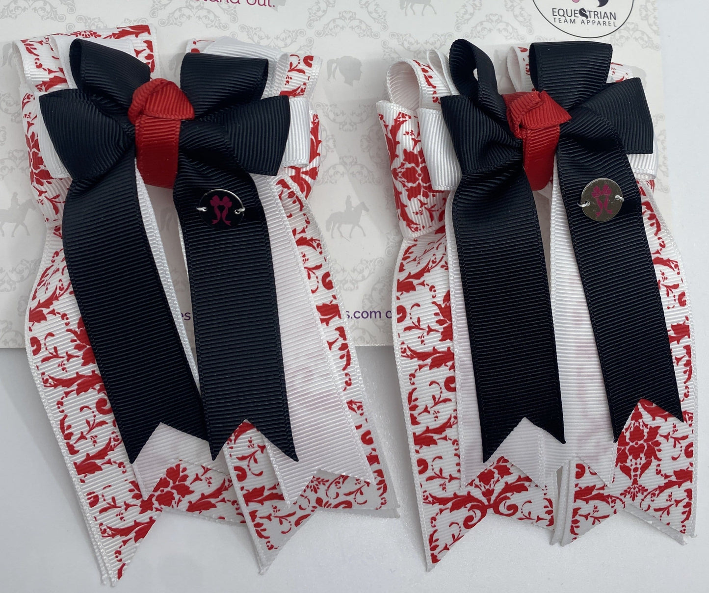 PonyTail Bows 3" Tails Red Demask Black PonyTail Bows equestrian team apparel online tack store mobile tack store custom farm apparel custom show stable clothing equestrian lifestyle horse show clothing riding clothes PonyTail Bows | Equestrian Hair Accessories horses equestrian tack store